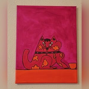 Whimsical Pink and Orange Cat Painting